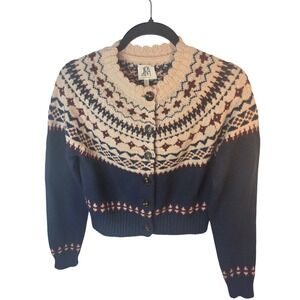 dRA Los Angeles Navy Fair Isle Cropped Cardigan Sweater XS S1020A Mock Neck